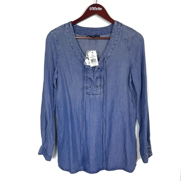 NWT Saks Fifth Avenue Chambray Lace Up Peasant Style Blouse Blue Women's Size XS - Picture 10 of 10